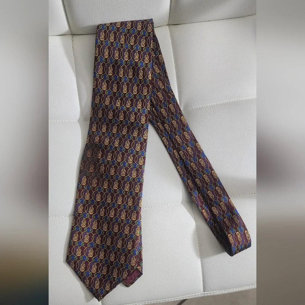 Dior Brown Silk Tie‎ with Blue and Gold Motif, Length: 44.5